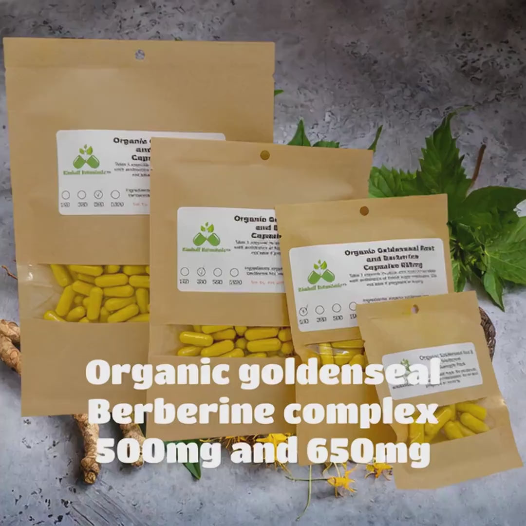Organic Goldenseal Root and Berberine (Hydrastis canadensis) 500mg and 650mg vegetarian or pullulan capsules, made fresh to order