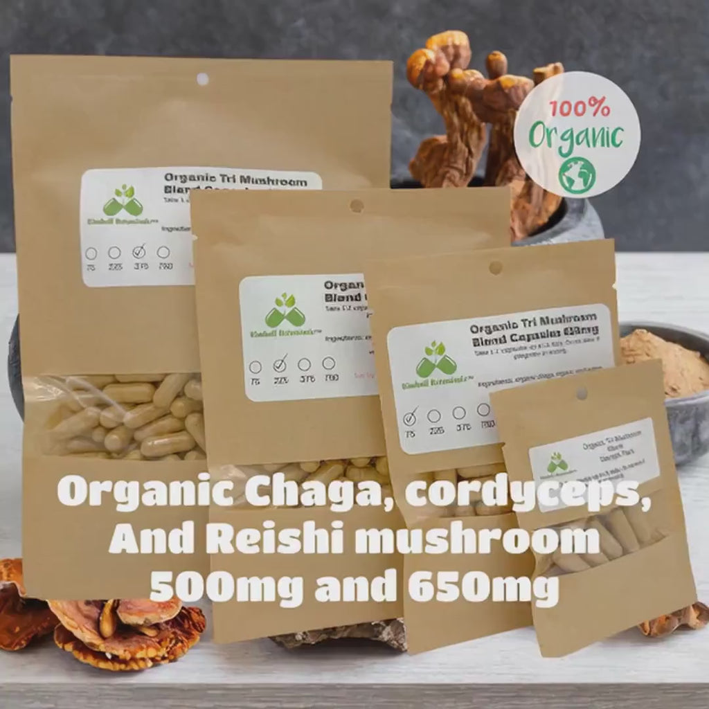 USDA Certified Organic Tri Mushroom Blend, Cordyceps Chaga and Reishi Mushrooms 500mg and 650mg vegetarian capsules made fresh to order