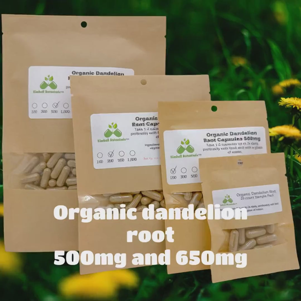 Organic Dandelion Root (Taraxacum officinale) 500mg and 650mg vegetarian capsules, no fillers or binders