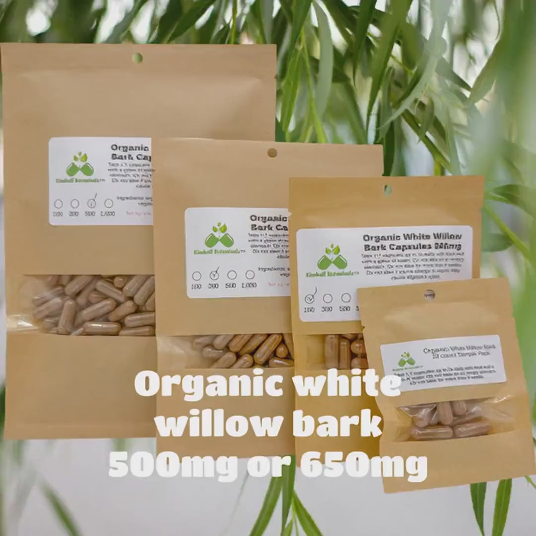 Certified Organic White Willow Bark (Salix Alba) 500mg or 650mg vegetarian or pullulan capsules, or tincture, made fresh to order