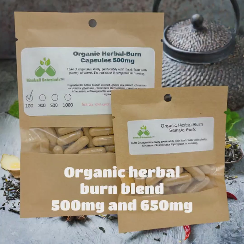 Organic Herbal Burn 500mg and 650mg vegetarian or pullulan capsules, made fresh to order