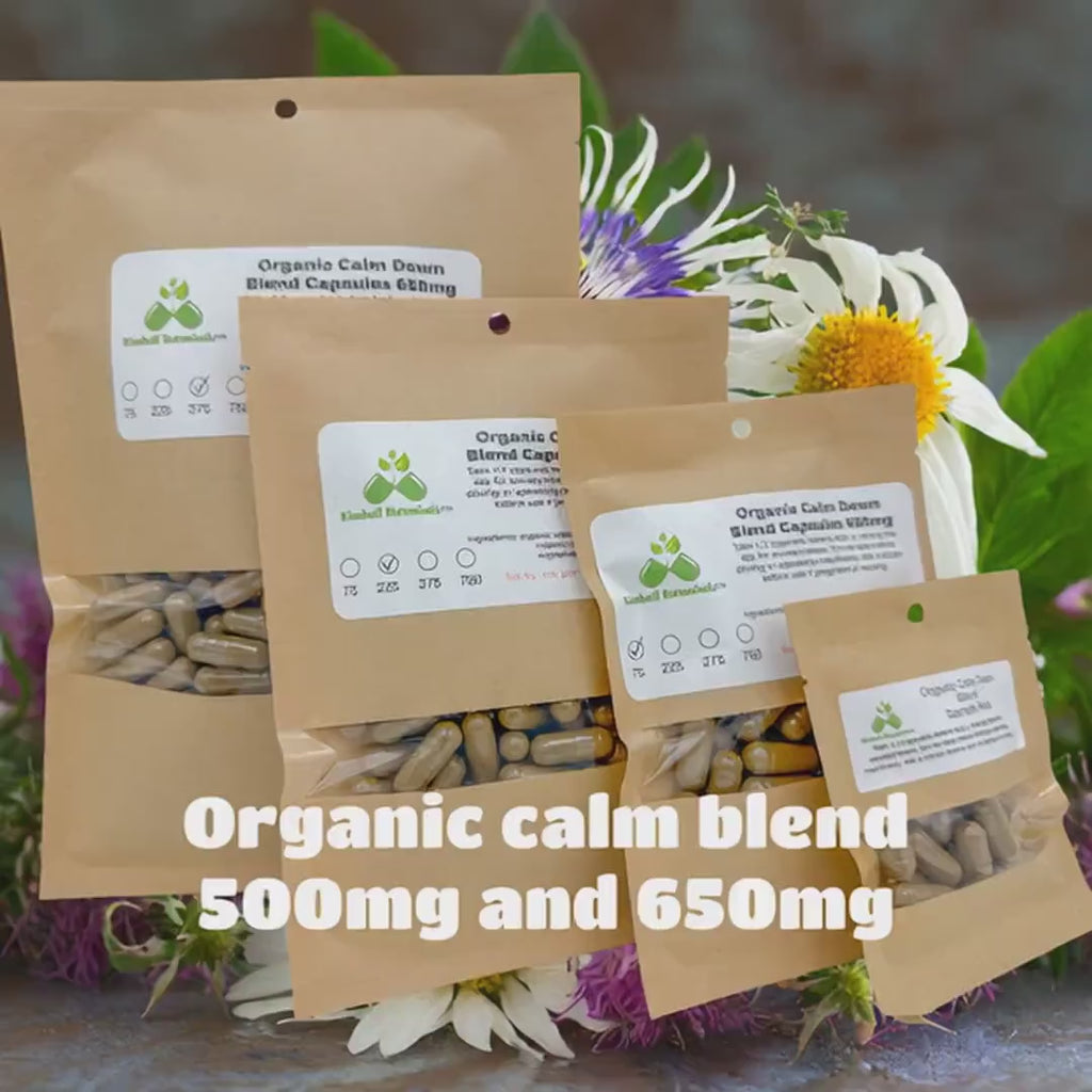 Organic Calm Down Blend, 500mg and 650mg, pullulan or vegetarian capsules, made fresh to order with zero fillers