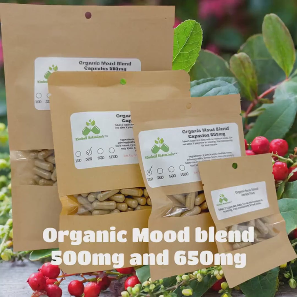 Organic Mood Blend 500mg or 650mg vegetarian or pullulan capsules, NON GMO, sustainably harvested, made fresh to order