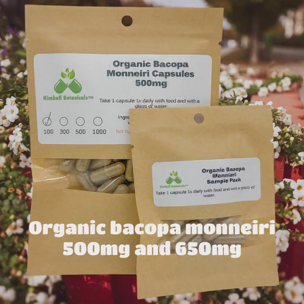 Organic Bacopa Monneiri (water hyssop, brahmi) 500mg and 650mg vegetarian or pullulan capsules, no fillers or binders of any kind