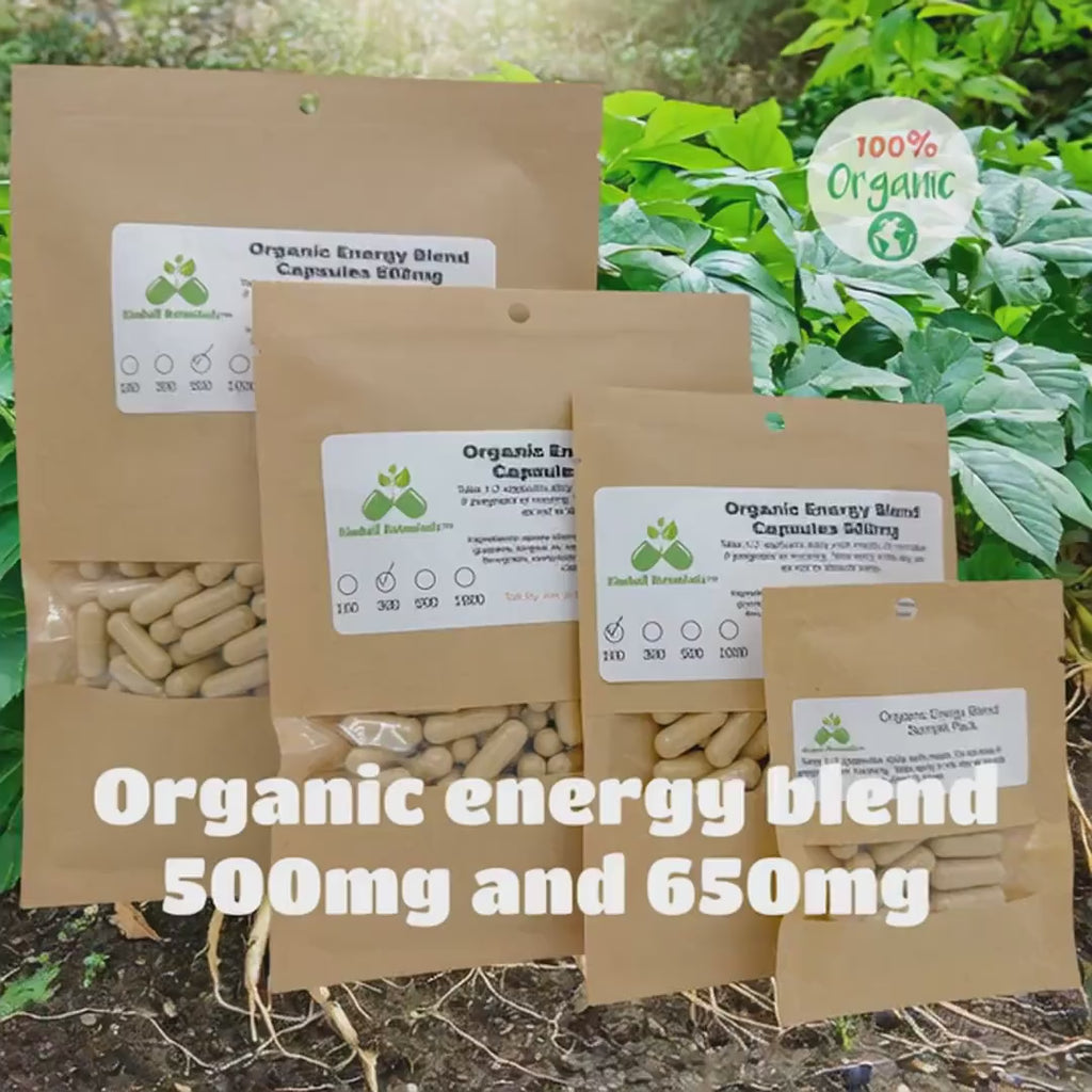 Organic Herbal Energy Blend Max, 500mg and 650mg vegetarian and pullulan capsules made fresh to order
