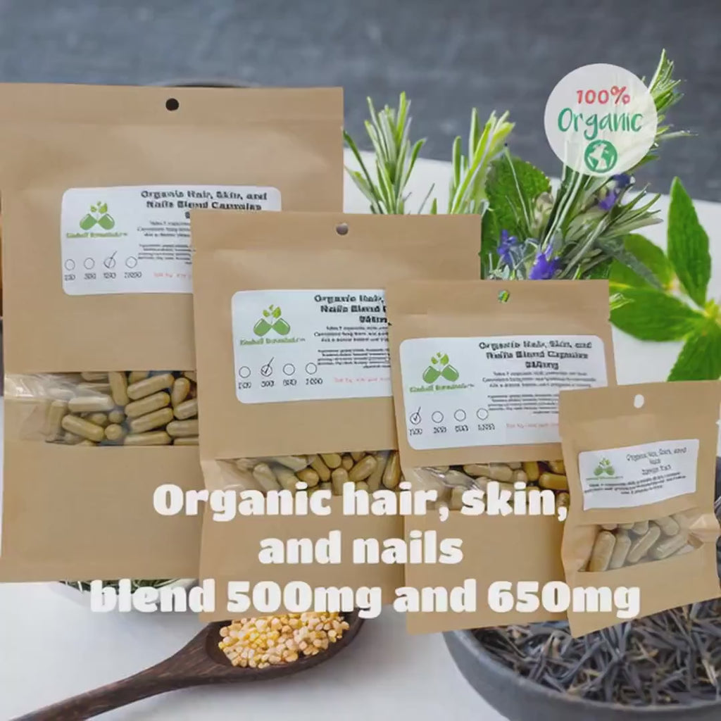Organic Hair, Skin, and Nails Herbal and Vitamin Complex, 500mg or 650mg vegetarian capsules, made fresh to order