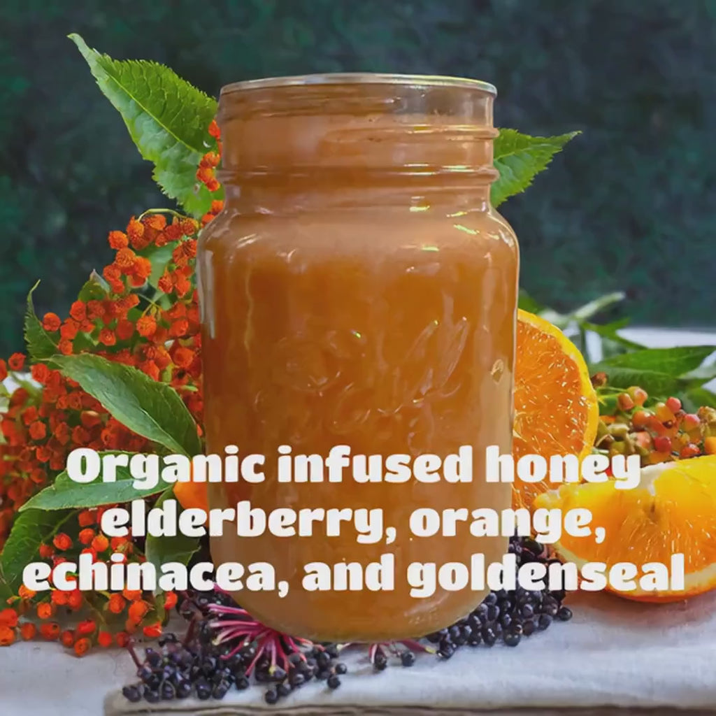 USDA Certified Organic Herbal Elderberry, Orange, Echinacea, and Goldenseal Infused Wildflower Honey
