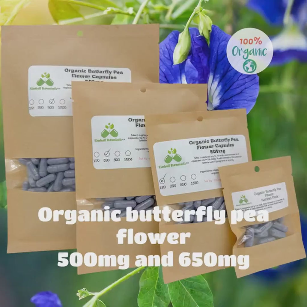 USDA Certified Organic Butterfly Pea Flower (Clitoria ternatea) 500mg and 650mg vegetarian capsules made fresh to order