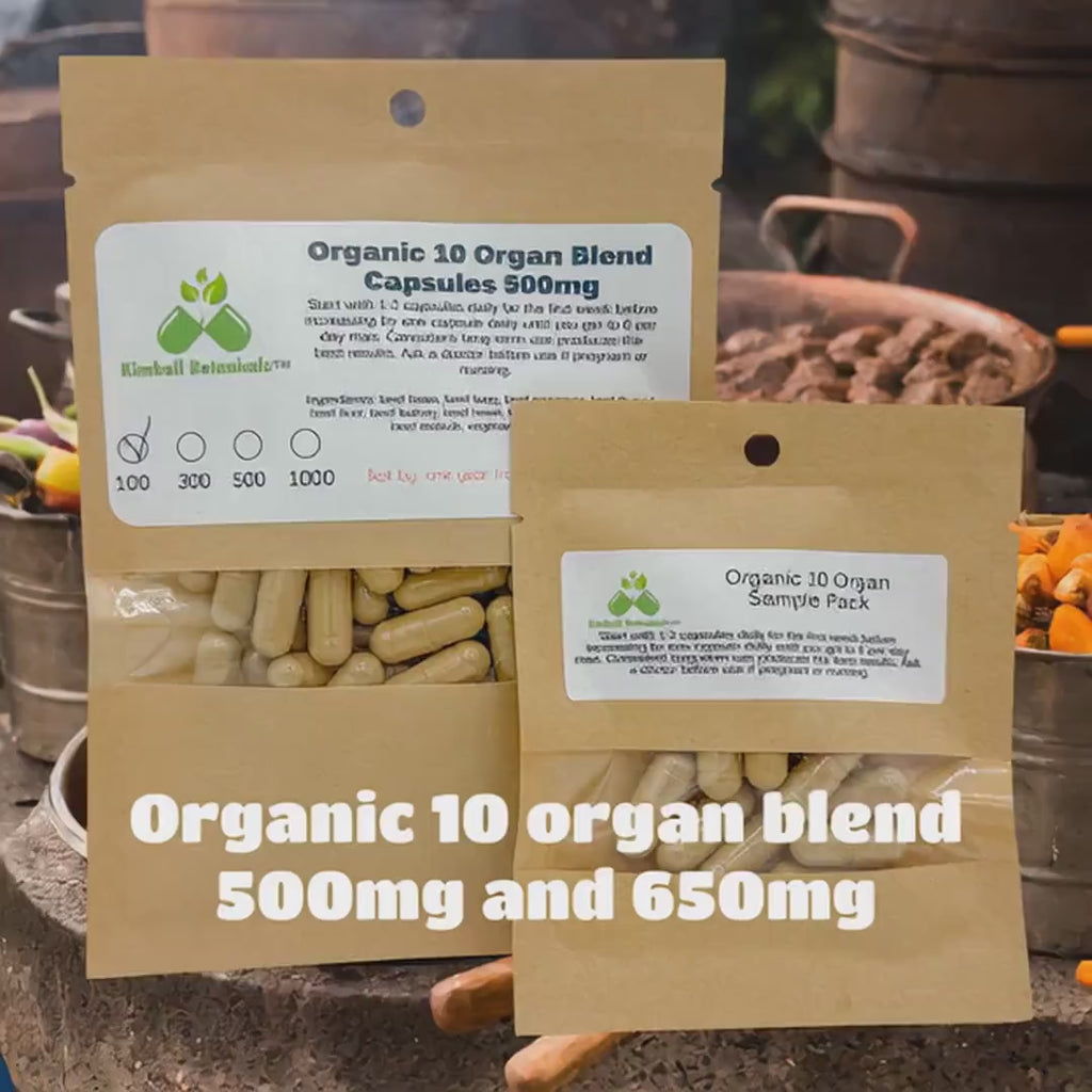 Organic Beef Organ 10 Complex, 500mg and 650mg pullulan capsules, made fresh to order