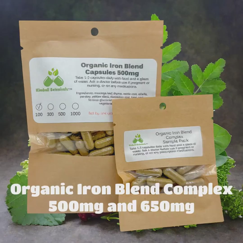 Organic Herbal Iron Blend, 500mg or 650mg vegetarian pullulan capsules, made fresh to order