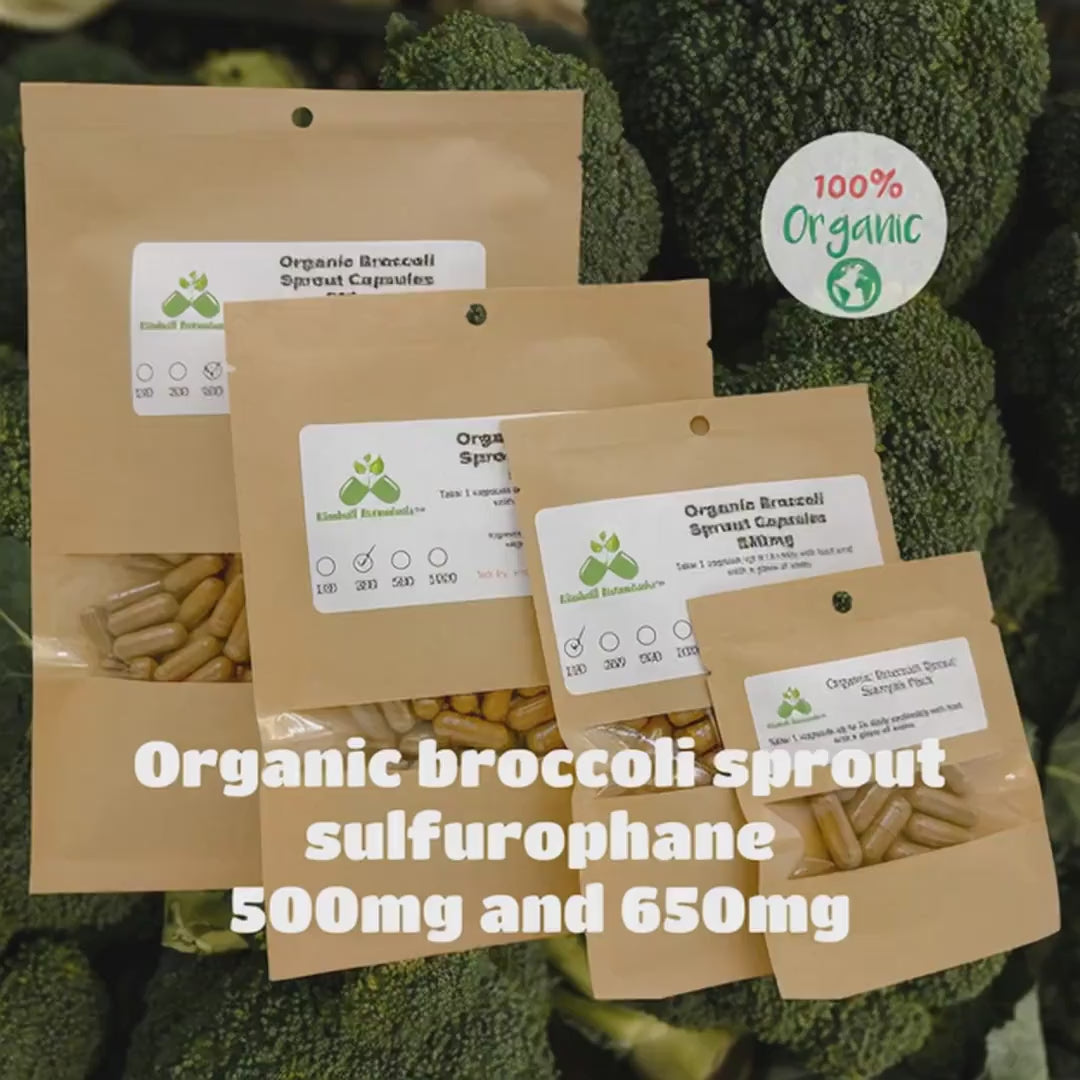 USDA Certified Organic Broccoli Sprout (Brassica oleracea) sulfurophane, 500mg and 650mg vegetarian capsules, made fresh to order.