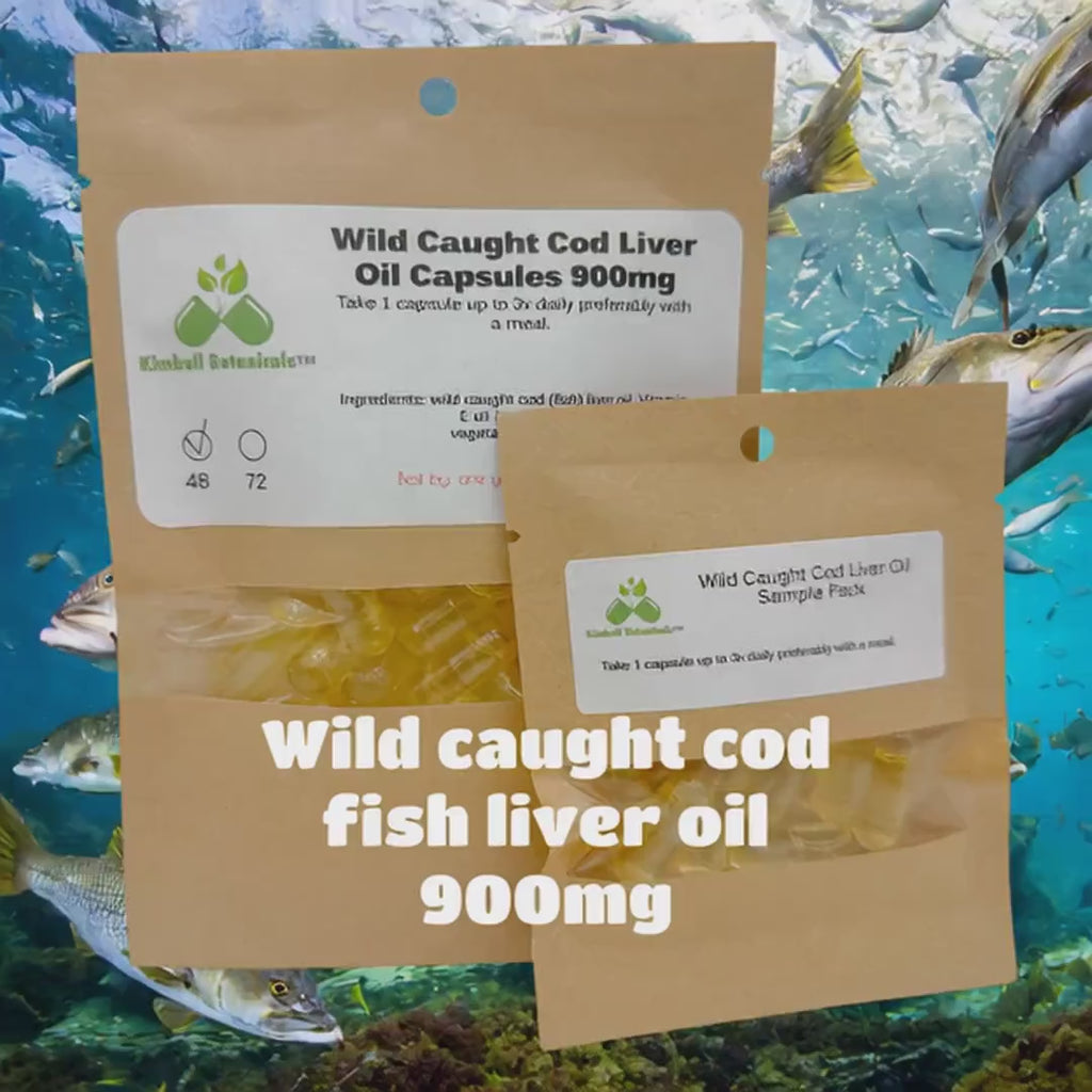 Wild Caught Cod Liver Oil Omega-3 Capsules, Vitamin A, Vitamin D, 900mg vegetarian capsules made fresh to order