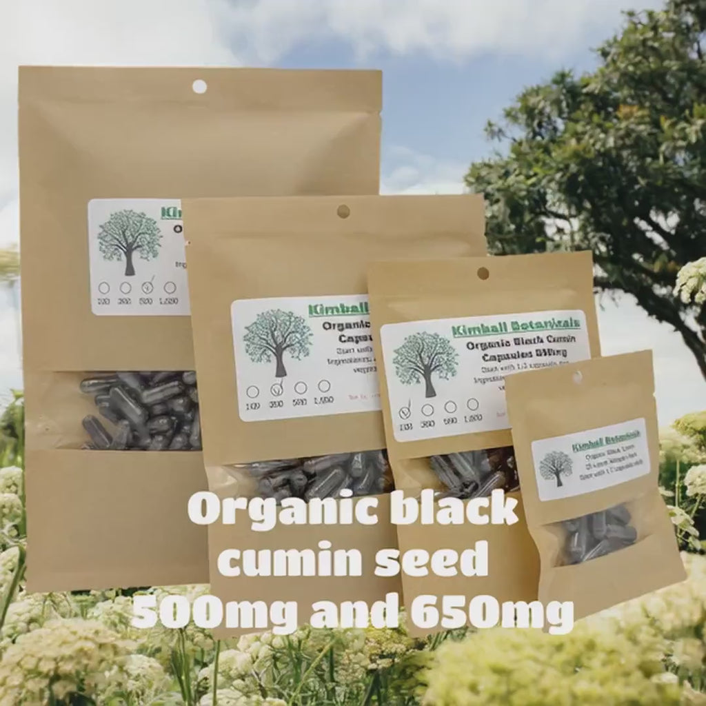 USDA Certified Organic Black Cumin Seed (Nigella sativa) 500mg and 650mg, vegetarian or pullulan capsules, made fresh to order