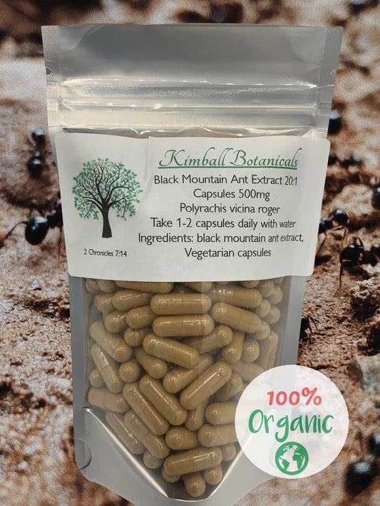 Organic black ant 20:1 extract 500mg vegetarian capsules made fresh to order.