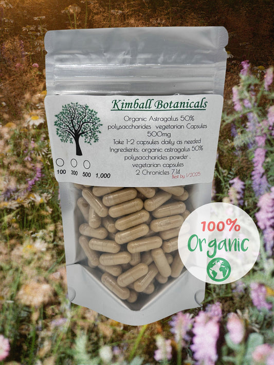 Organic astragalus 50% polysaccharides 500mg vegetarian capsules.