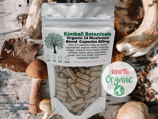 Organic 14 mushroom blend 500mg vegetarian capsules made fresh to order without any fillers.