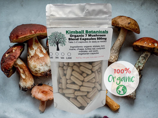 Organic 7 mushroom blend, 500mg vegetarian capsules made fresh to order without any fillers.