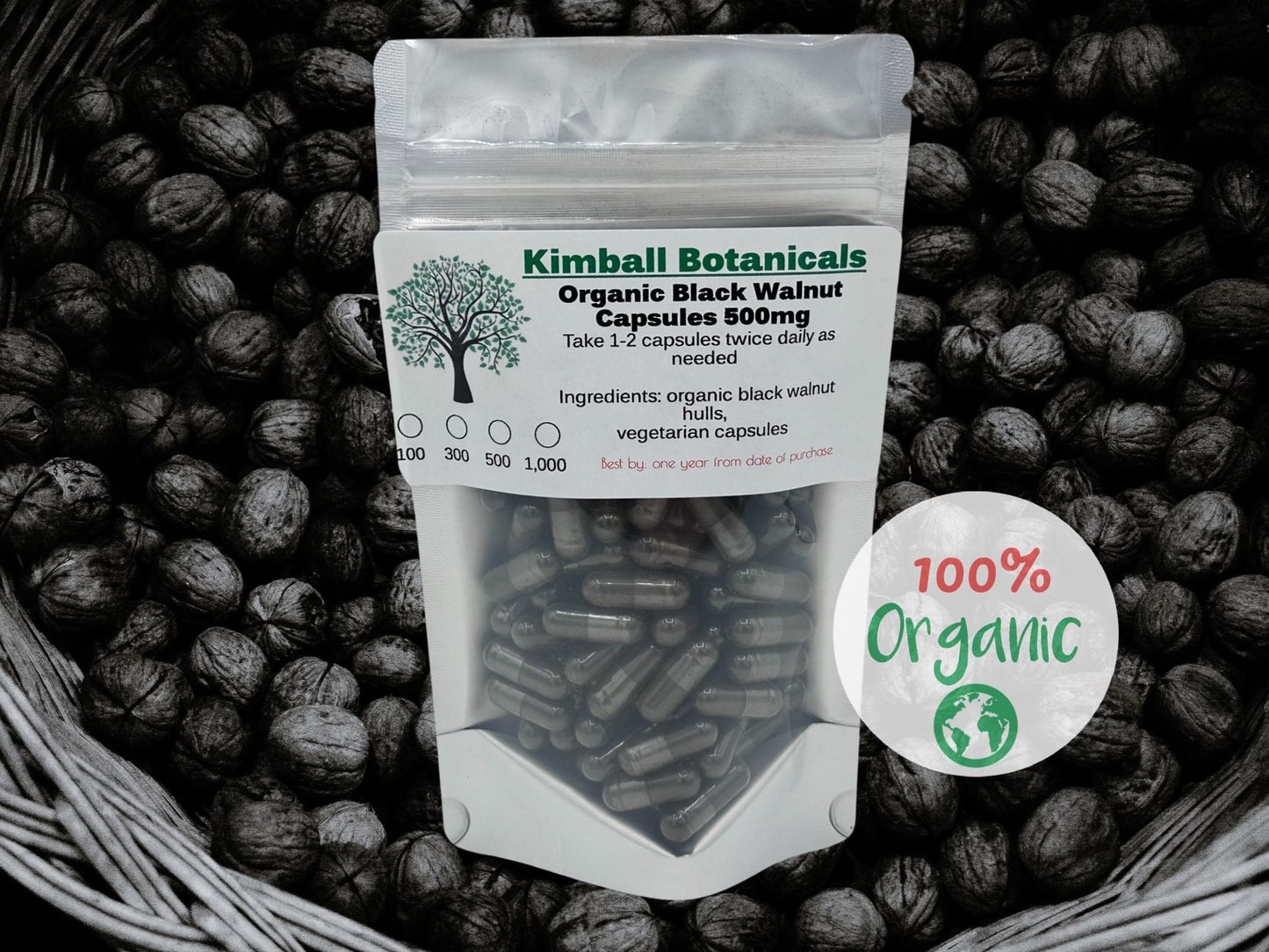 Black walnut 500mg vegetarian capsules, no fillers or binders