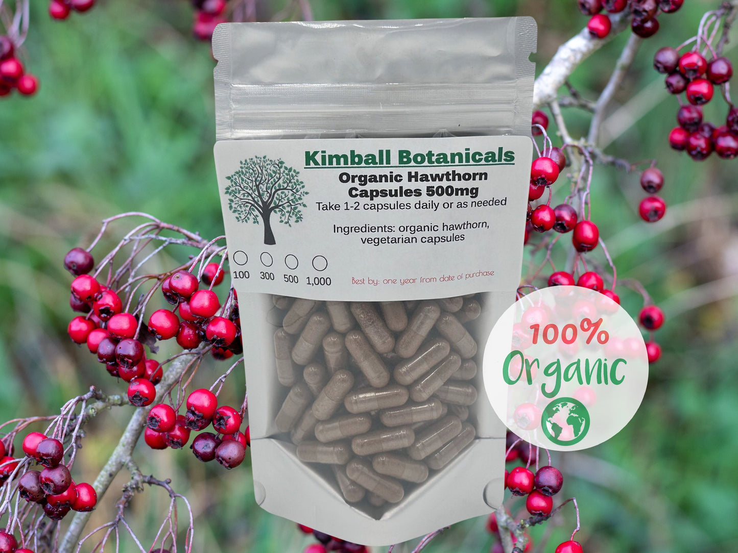 Organic Hawthorn berry 500mg vegetarian capsules made fresh to order with zero fillers.